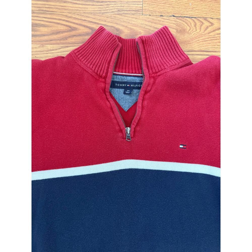 Tommy Hilfiger Colorblock Quarter Zip Sweater Red Navy Preppy 90s Small